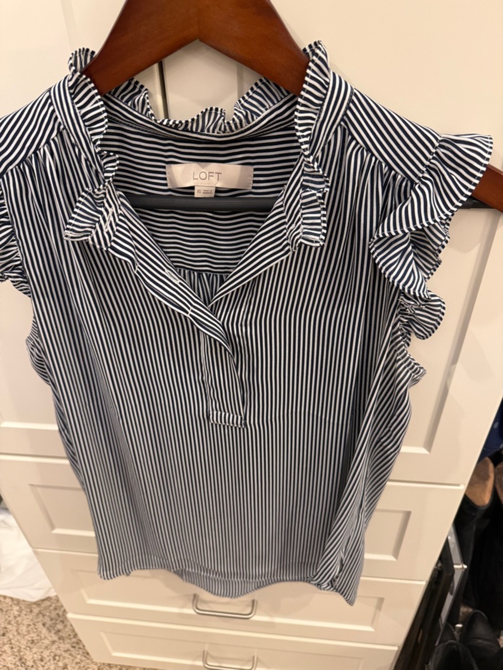 LOFT Navy and White Striped Ruffle Sleeve Camisole
